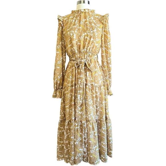 NWT Moon River Golden Paisley Floral High Neck Tiered Ruffle Midi Peasant Dress - Picture 1 of 16